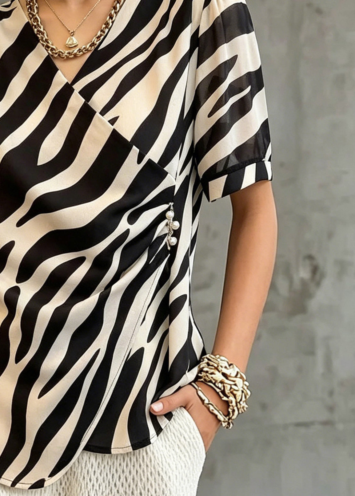 Modern Striped Patchwork Wrinkled T Shirt Short Sleeve