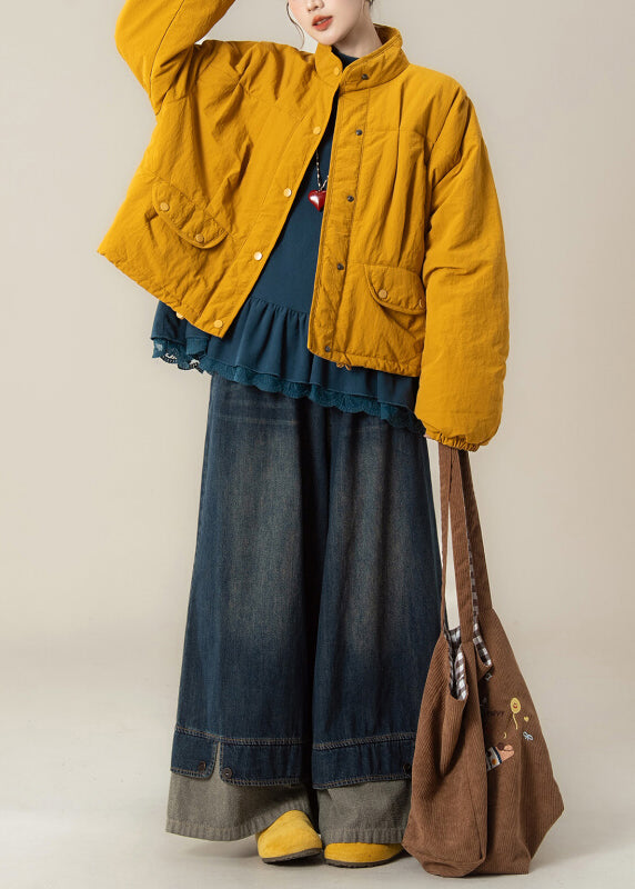 Japanese Yellow Stand Collar Fine Cotton Filled Jacket T Shirt and Wide Leg Pants Set