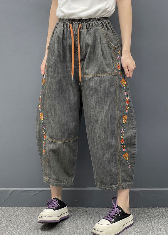 Dark Gray Embroideried Elastic Waist Denim Crop Pants Spring