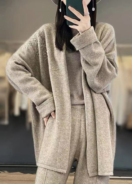Camel Embroideried Patchwork Cozy Cashmere Cardigan Fall