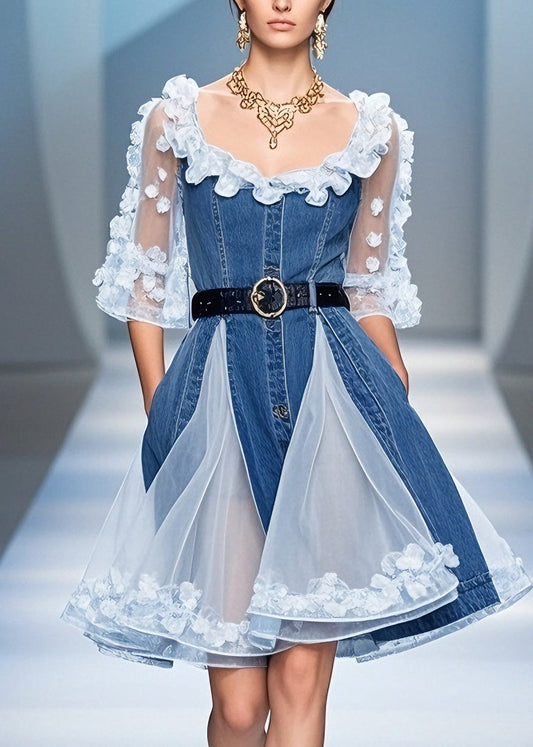 Blue Tulle Ruffled Denim Mid Dress Summer