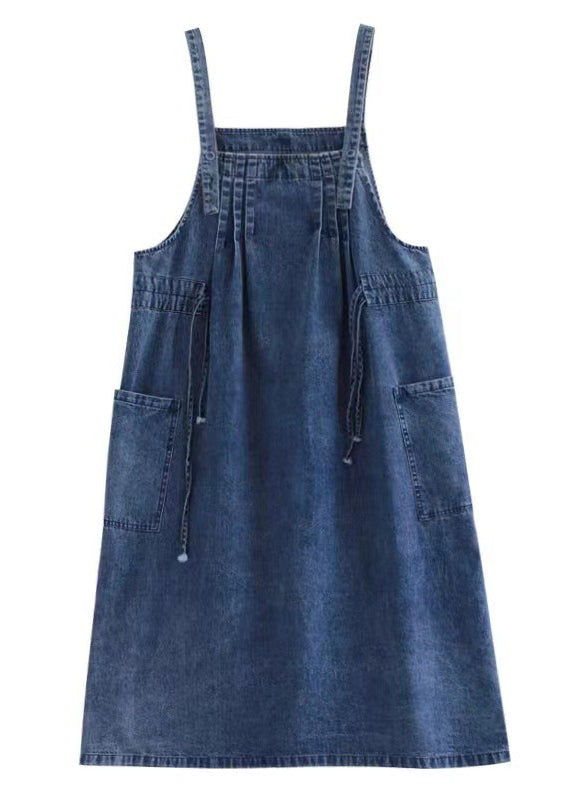 Blue Drawstring Pocket Spaghetti Strap Cotton Denim Dress Spring