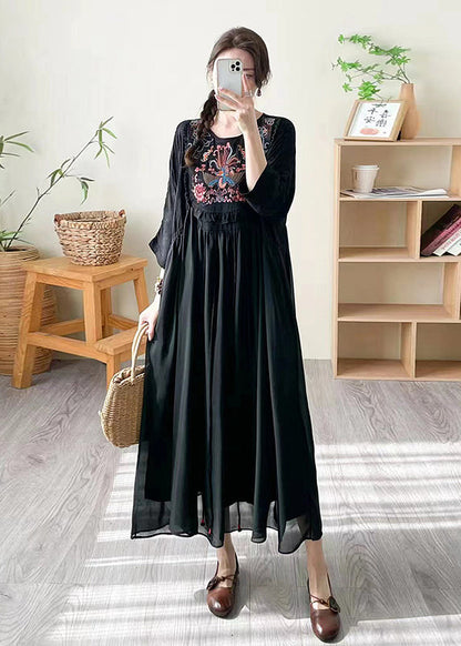 Loose Black O Neck Print Patchwork Silk Dress Summer