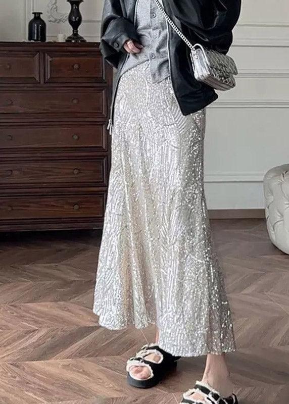 French Silver High Waist Sequins Maxi Skirts Summer