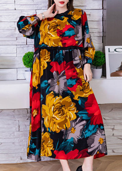 Red O-neck Cinched Print Silk Beach Dresses Spring