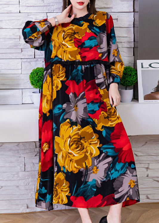 Red O-neck Cinched Print Silk Beach Dresses Spring