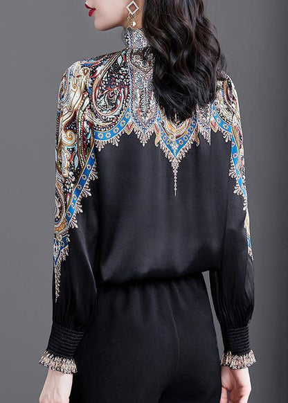 Black Stand Collar Cinched Print Silk Shirt Top Spring