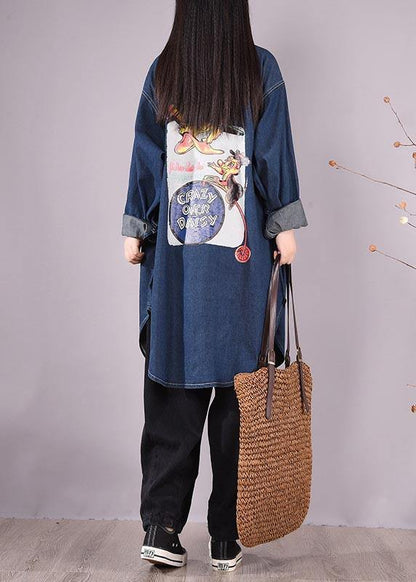 Art Lapel Print Spring Clothes Design Denim Blue Shirts