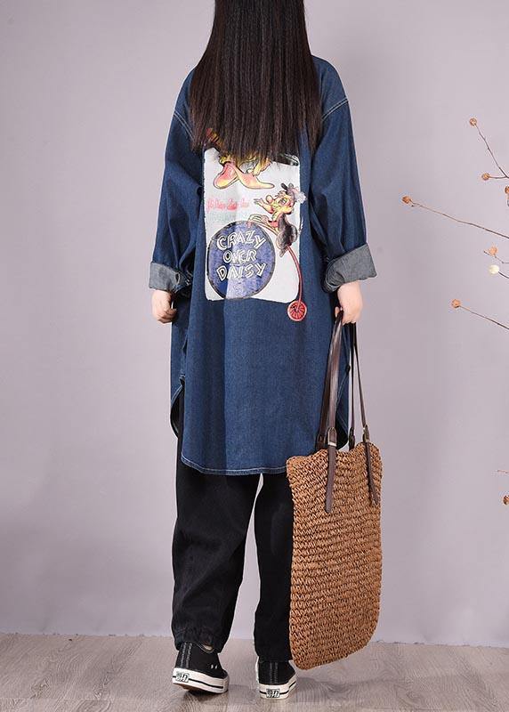 Art Lapel Print Spring Clothes Design Denim Blue Shirts