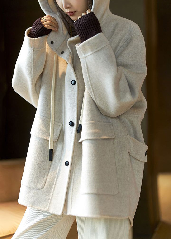 Beige Hooded Pockets Patchwork Wool Coat Spring