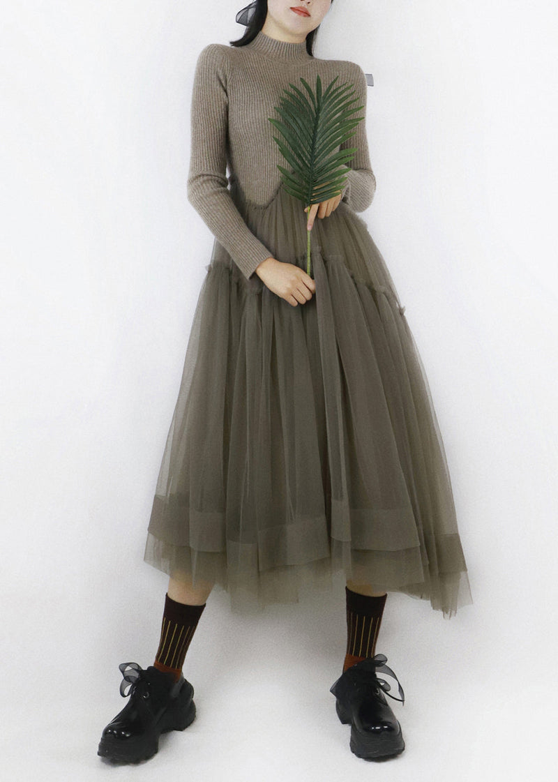 Camel Beige Ruffled Tulle Patchwork Long Sweater Turtleneck