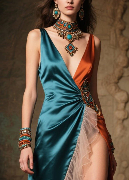 Peacock Blue Patchwork Ruffles Silk Long Dresses Deep-v Neck Summer