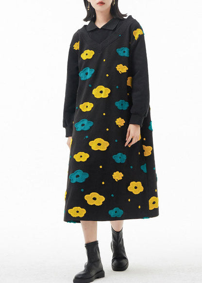French Black Peter Pan Collar Patchwork Woolen Dress Spring