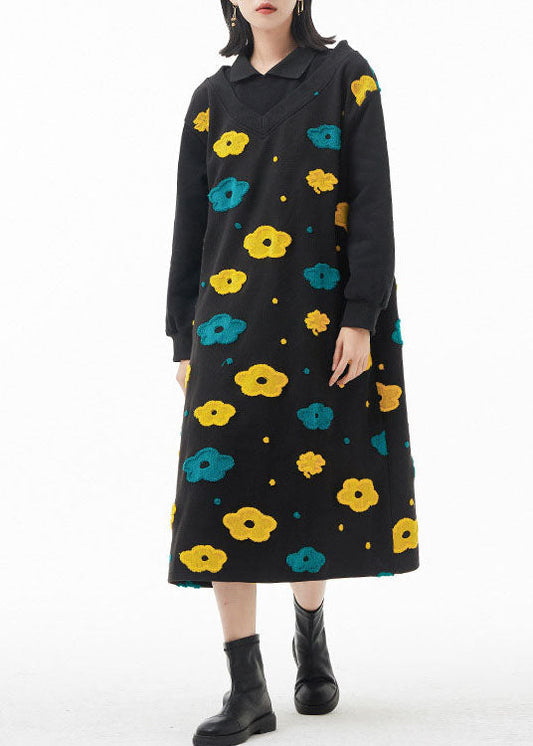 French Black Peter Pan Collar Patchwork Woolen Dress Spring