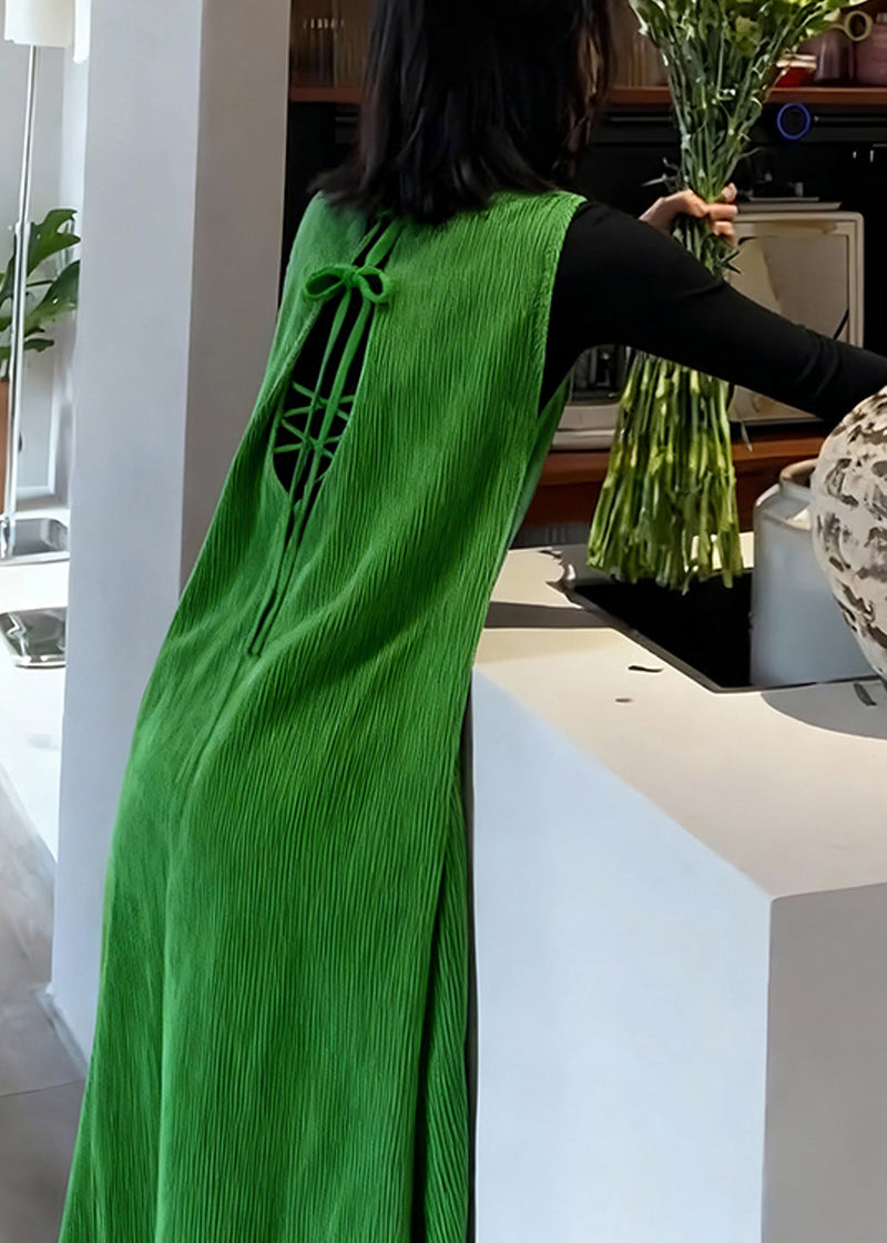 Green Backless Corduroy Long Dresses Sleeveless