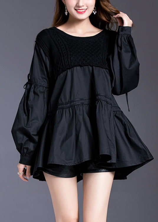 Black Asymmetrical Patchwork Cotton Tops Spring