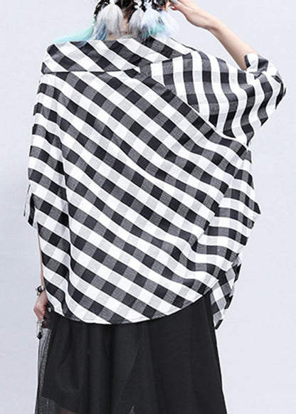 Plaid Stand Collar Asymmetrical Patchwork Button Linen Tops Batwing Sleeve