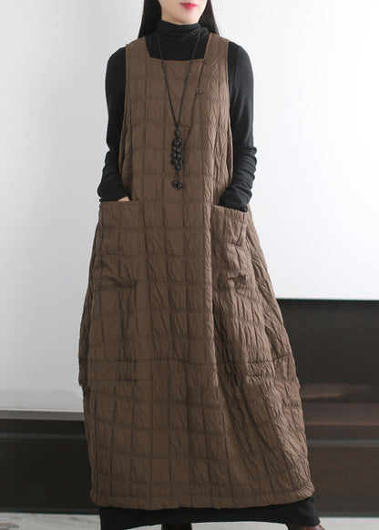 Coffee Oversized Pockets Fine Cotton Filled Long Dress Winter