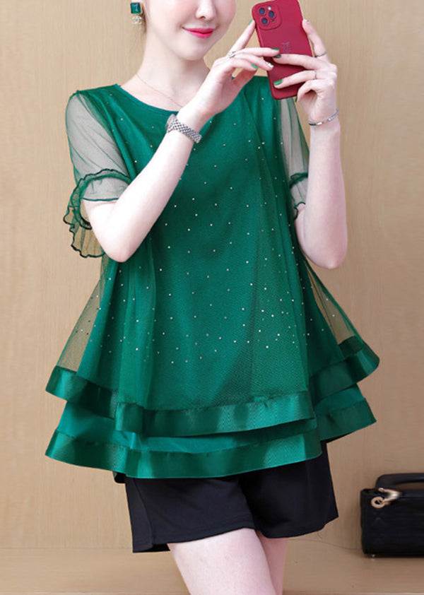 Khaki O Neck Ruffled Patchwork Tulle Two Pieces Set Summer