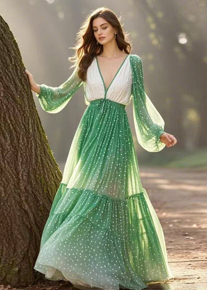 Gradient Color V Neck Wrinkled Chiffon Dress Spring