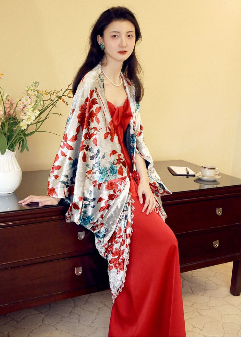 Red Print Cardigans and Slip Dress Two Pieces Set Fall