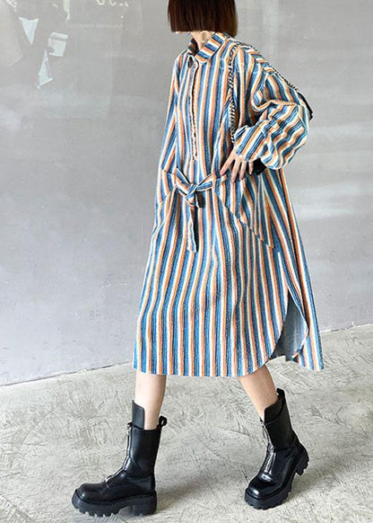 Unique Tie Waist Button Side Open Fall Striped Dress Long Sleeve