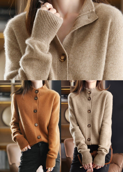 Caramel O-neck Button Woolen Cardigan Long Sleeve