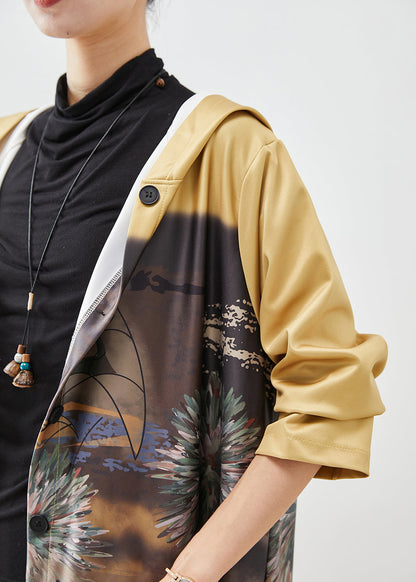 Yellow Hooded Print Cotton Trench Coats Fall