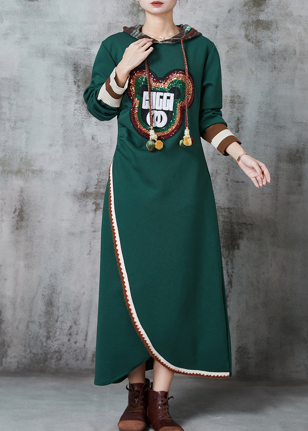 Green Bear Sequins Patchwork Cotton Sweatshirt Dress Spring