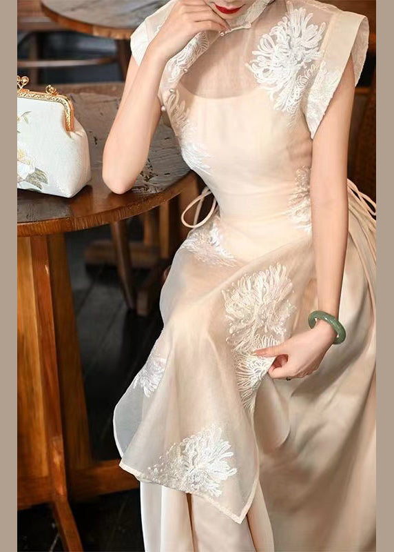 Chinese Style Apricot Button Lace Up Silk Two Piece Set Outfits Sleeveless