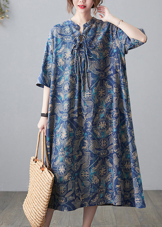 Blue Stand Collar Lace Up Print Linen Dresses Half Sleeve