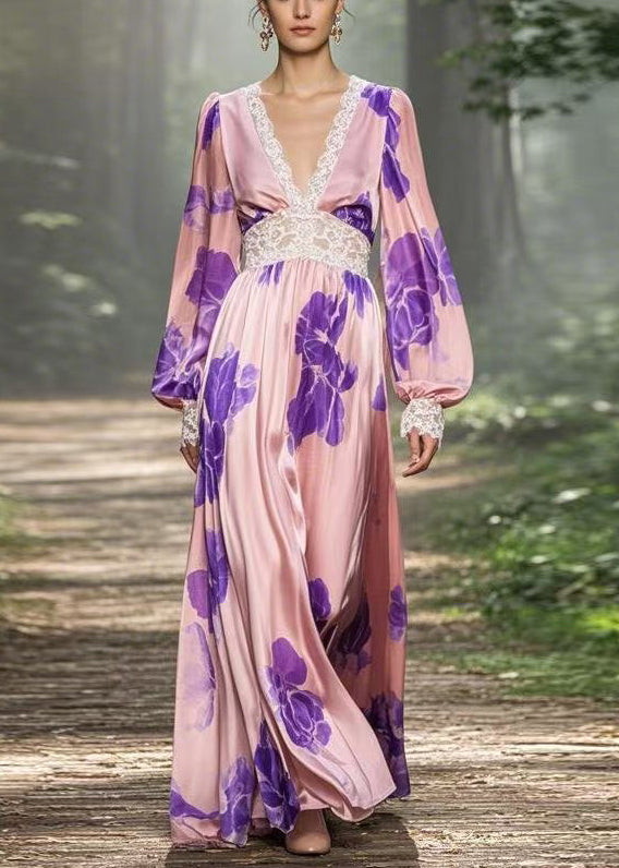 Pink V Neck Print Patchwork Silk Long Dress Spring