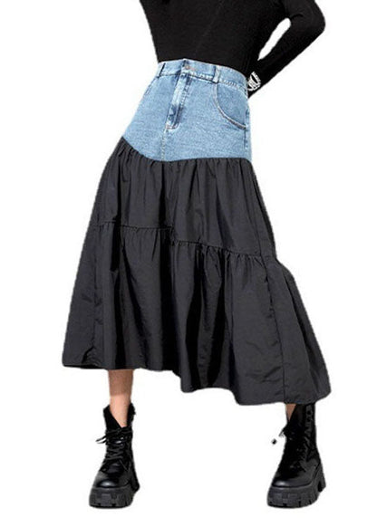 Loose Black Denim Patchwork Skirt Spring