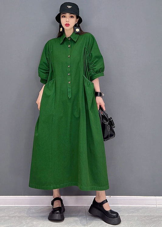 Green Peter Pan Collar Cinched Pockets Cotton Long Dresses Half Sleeve