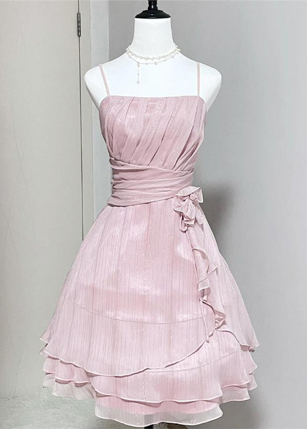 Pink Wrinkled High Waist Silk Spaghetti Strap Dress Sleeveless