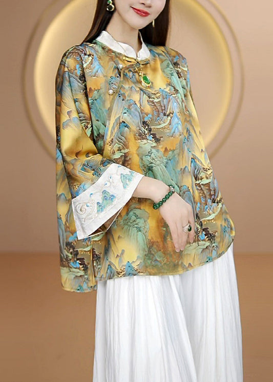 Embroidered Chinese Button Patchwork Silk Shirt Tops Fall