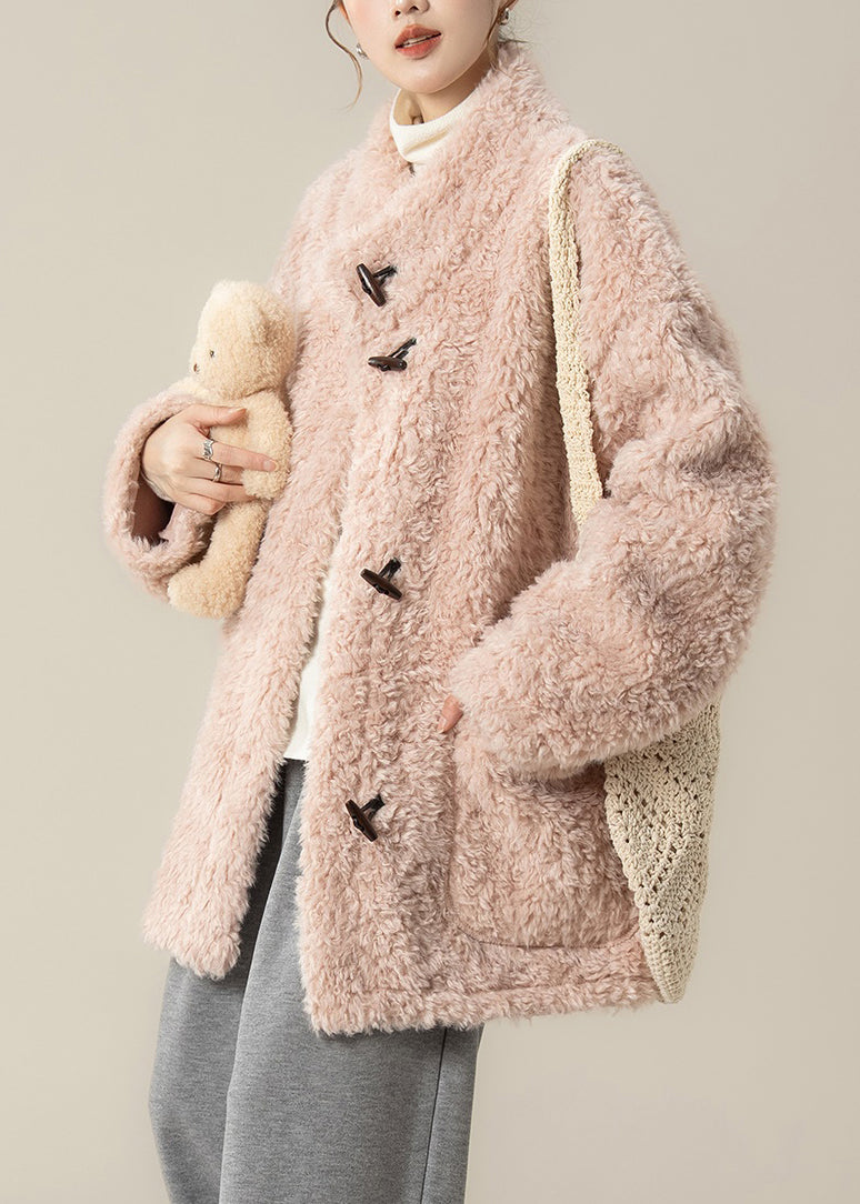 Pink Pockets Teddy Faux Fur Coat Stand Collar