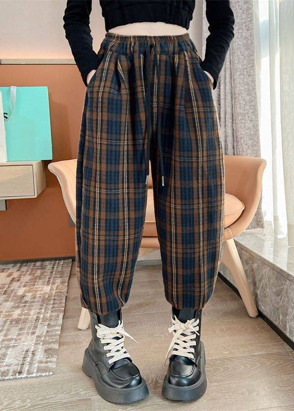 Chocolate Colour Elastic Waist Pockets Striped Beam Pants Fall