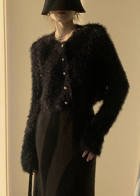 Black Fluffy Knit Cardigan O-neck Winter