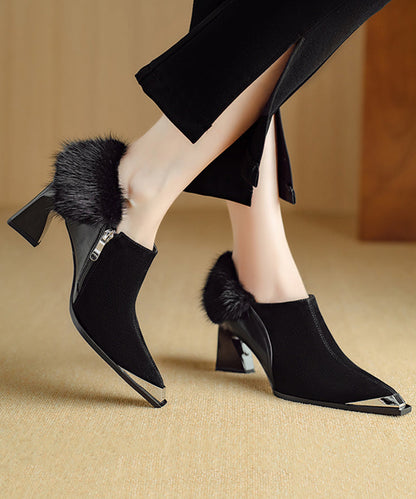 Brown High Heels Chunky Suede Splicing Fuzzy Fur