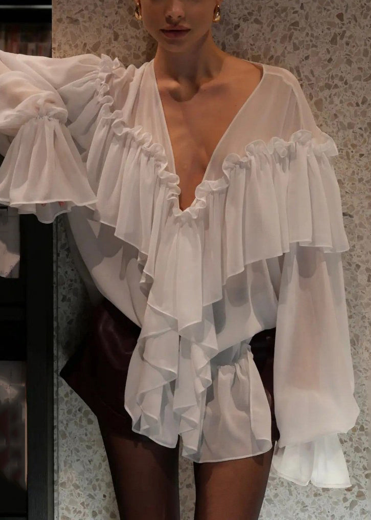 White V Neck Ruffled Patchwork Chiffon Shirt Flare Sleeve