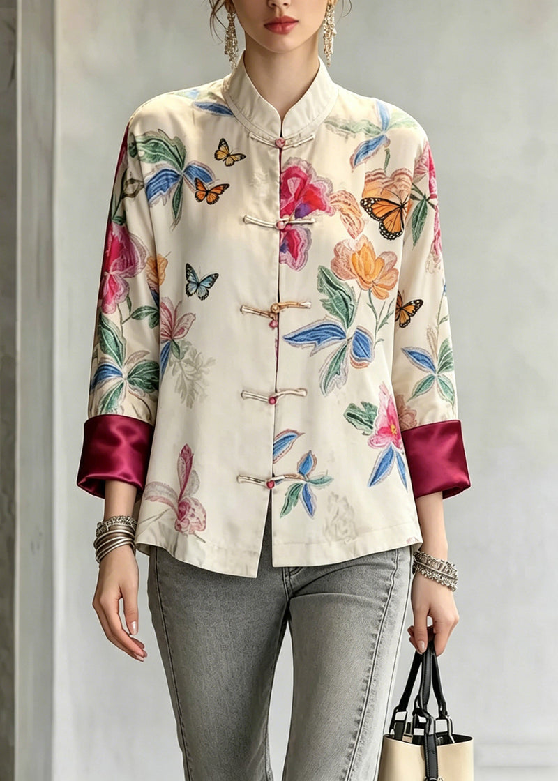 Beige Stand Collar Button Shirts Fall
