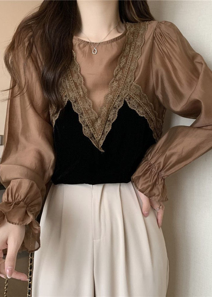 Khaki Patchwork Lace Silk Velour Shirt Top O-neck Lantern Sleeve