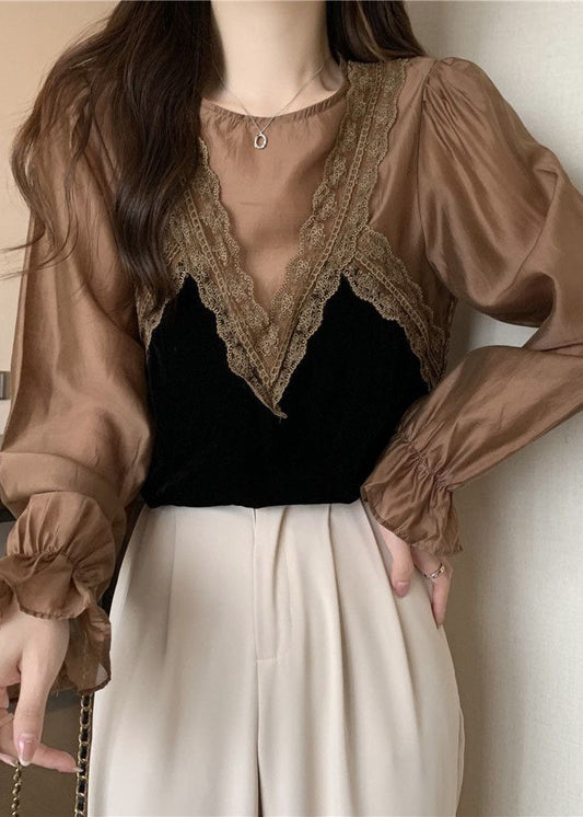Khaki Patchwork Lace Silk Velour Shirt Top O-neck Lantern Sleeve