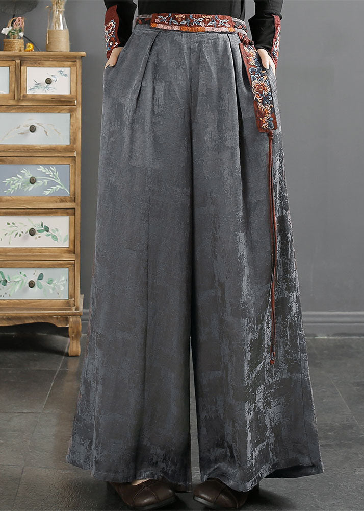 Novelty Grey Embroideried Patchwork Pockets Tassel High Waist Silk Wide Leg Pants Fall