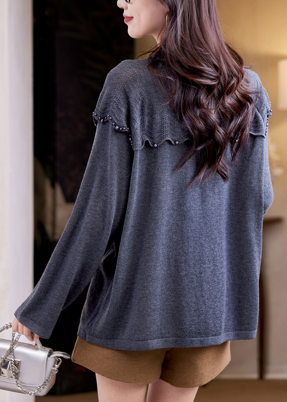 Grey Nail Bead Patchwork Knit Sweater Top Fall