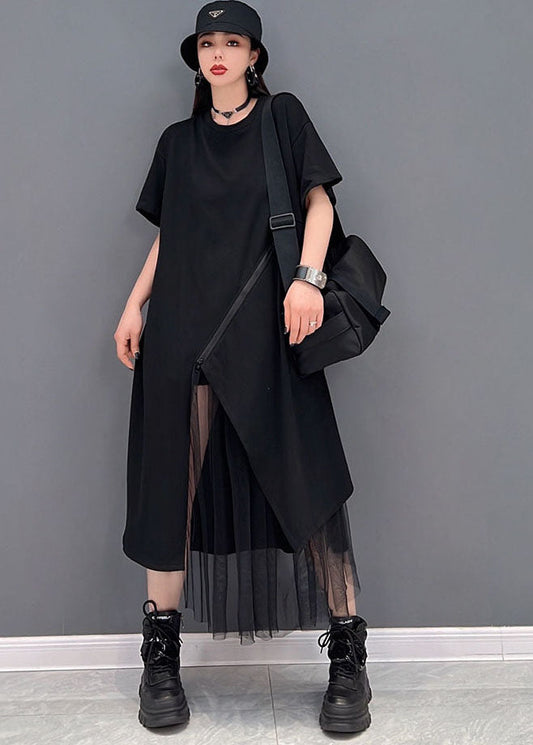 Black Tulle Patchwork Cotton Pullover Dresses Zip Up Short Sleeve