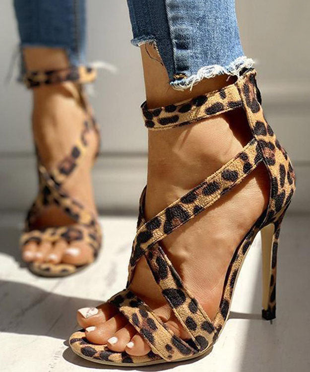 Soft Leopard Print Cross Strap Zippered Stiletto Sandals Velour Fabric
