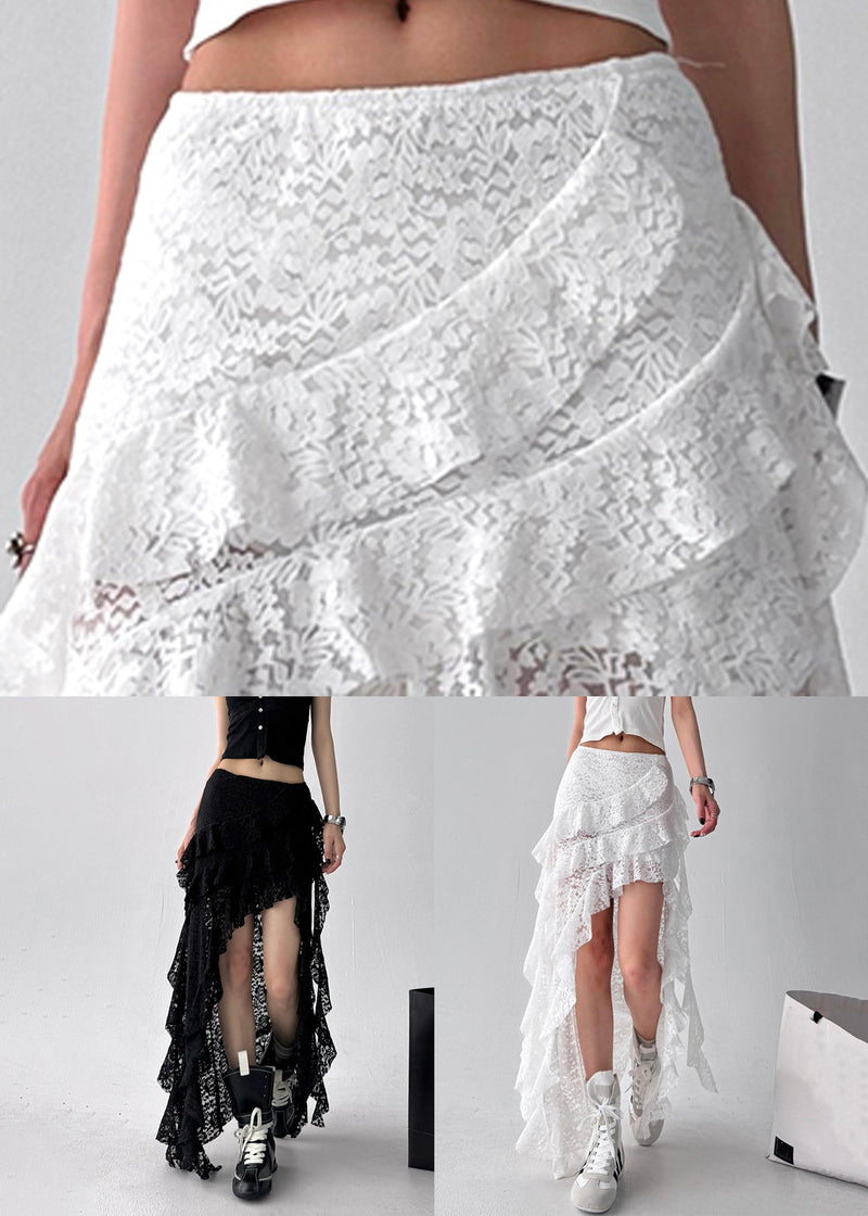 White Ruffled Lace Summer Skirt Asymmetrical