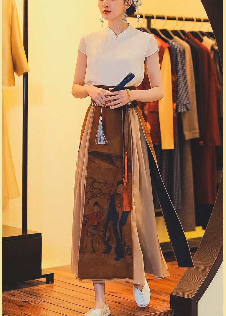 Khaki High Waist Print Silk Skirts Spring